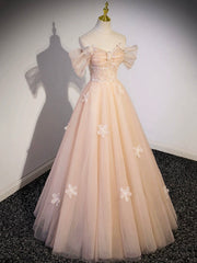 Light Pink Tulle Floor Length Prom Dress, Beautiful Off the Shoulder Evening Party Dress