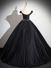 Black Pleated Long A-line Party Gown with Rhinestone Sash, Elegant Off the Shoulder Formal Evening Dress