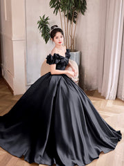 Black Satin Long A-Line Prom Dress, Black Off the Shoulder Formal Evening Dress