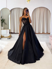 Black Chiffon Lace Long Prom Dress, Black Spaghetti Strap A-Line Evening Dress with Slit