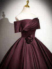 Dark Burgundy Satin Long Prom Dress, Elegant A-Line Off the Shoulder Evening Party Dress