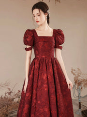 Burgundy A-Line Tea Length Prom Dress, Cute Short Sleeve Evening Party Dress