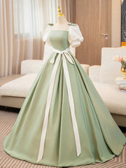 White and Green Satin Long Prom Dress, A-Line Short Sleeve Evening Party Dress