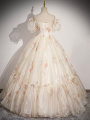 Champagne Floral Tulle Long Prom Dress, Beautiful Short Sleeve A-Line Evening Party Dress