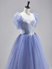 Blue Satin Tulle Floor Length Prom Dress, Beautiful Short Sleeve Formal Evening Dress