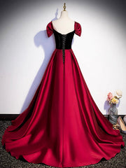 Burgundy Satin Strapless Prom Dress, Simple A-Line Party Dress with Detachable Sleeve