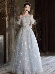 Cute Tulle Lace Long Prom Dress, Light Blue Tulle Off Shoulder Evening Dress