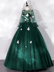 Dark Green Tulle Floor Length Prom Dress with Butterfly Appliques, A-Line Long Sleeve Evening Party Dress