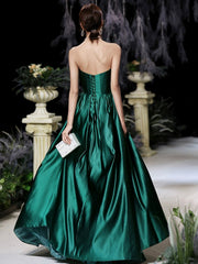 Dark Green Satin Long Prom Dress, Beautiful A-Line Strapless Evening Party Dress