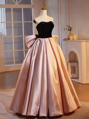 Black Velvet and Pink Satin Floor Length Prom Dress, Beautiful A-Line Strapless Party Dress