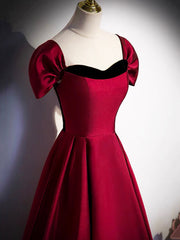 Burgundy Satin Strapless Prom Dress, Simple A-Line Party Dress with Detachable Sleeve
