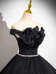 Black Pleated Long A-line Party Gown with Rhinestone Sash, Elegant Off the Shoulder Formal Evening Dress