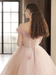 Beautiful Tulle Long Prom Dress with Flowers, A-Line Off the Shoulder Evening Party Dress
