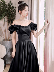 Black Satin Long A-Line Prom Dress, Black Off the Shoulder Formal Evening Dress