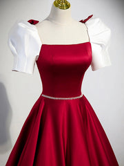 White and Burgundy Satin Long Prom Dress, Beautiful A-Line Short Sleeve Evening Dress