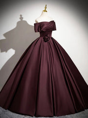Dark Burgundy Satin Long Prom Dress, Elegant A-Line Off the Shoulder Evening Party Dress