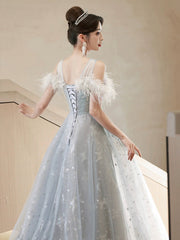 Cute Tulle Lace Long Prom Dress, Light Blue Tulle Off Shoulder Evening Dress