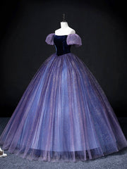 Beautiful Velvet Tulle Long Prom Dress, Purple A-line Party Dress sweet 16 Dress