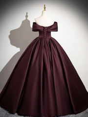 Dark Burgundy Satin Long Prom Dress, Elegant A-Line Off the Shoulder Evening Party Dress