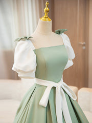 White and Green Satin Long Prom Dress, A-Line Short Sleeve Evening Party Dress