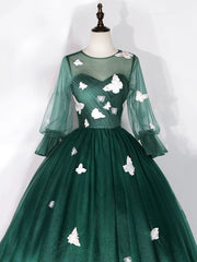 Dark Green Tulle Floor Length Prom Dress with Butterfly Appliques, A-Line Long Sleeve Evening Party Dress