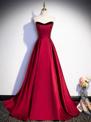 Burgundy Satin Strapless Prom Dress, Simple A-Line Party Dress with Detachable Sleeve