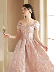 Cute Satin Tea Length Prom Dress, Off the Shoulder Pink A-Line Party Dress