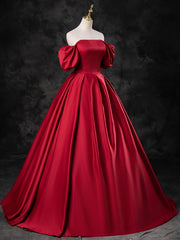 Burgundy Satin Off the Shoulder Formal Dress, A-Line Burgundy Evening Dress