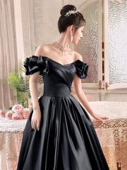 Black Satin Long A-Line Prom Dress, Black Off the Shoulder Formal Evening Dress