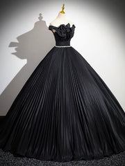 Black Pleated Long A-line Party Gown with Rhinestone Sash, Elegant Off the Shoulder Formal Evening Dress