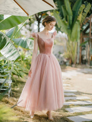 Retro Pink Velvet Tulle Tea Length Prom Dresses, A-Line U-Neck Short Sleeve Princess Party Dresses