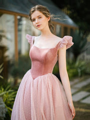 Retro Pink Velvet Tulle Tea Length Prom Dresses, A-Line U-Neck Short Sleeve Princess Party Dresses