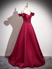 Burgundy Spaghetti Strap Satin Long Prom Dress, A-Line Evening Party Dress