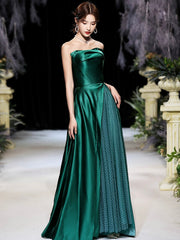 Dark Green Satin Long Prom Dress, Beautiful A-Line Strapless Evening Party Dress