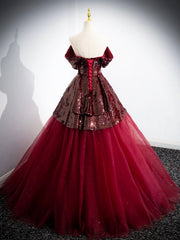 Burgundy Tulle Sequins Floor Length Prom Dress, Off the Shoulder Formal Evening Dress