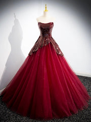 Burgundy Tulle Sequins Floor Length Prom Dress, Off the Shoulder Formal Evening Dress