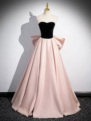 Black Satin and Pink Satin Long Prom Dress, Lovely A-Line Bow Party Evening Dress