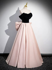 Black Satin and Pink Satin Long Prom Dress, Lovely A-Line Bow Party Evening Dress