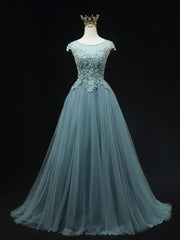 Blue Scoop Neckline Tulle Lace Long Prom Dress, Beautiful Lace Formal Evening Dress