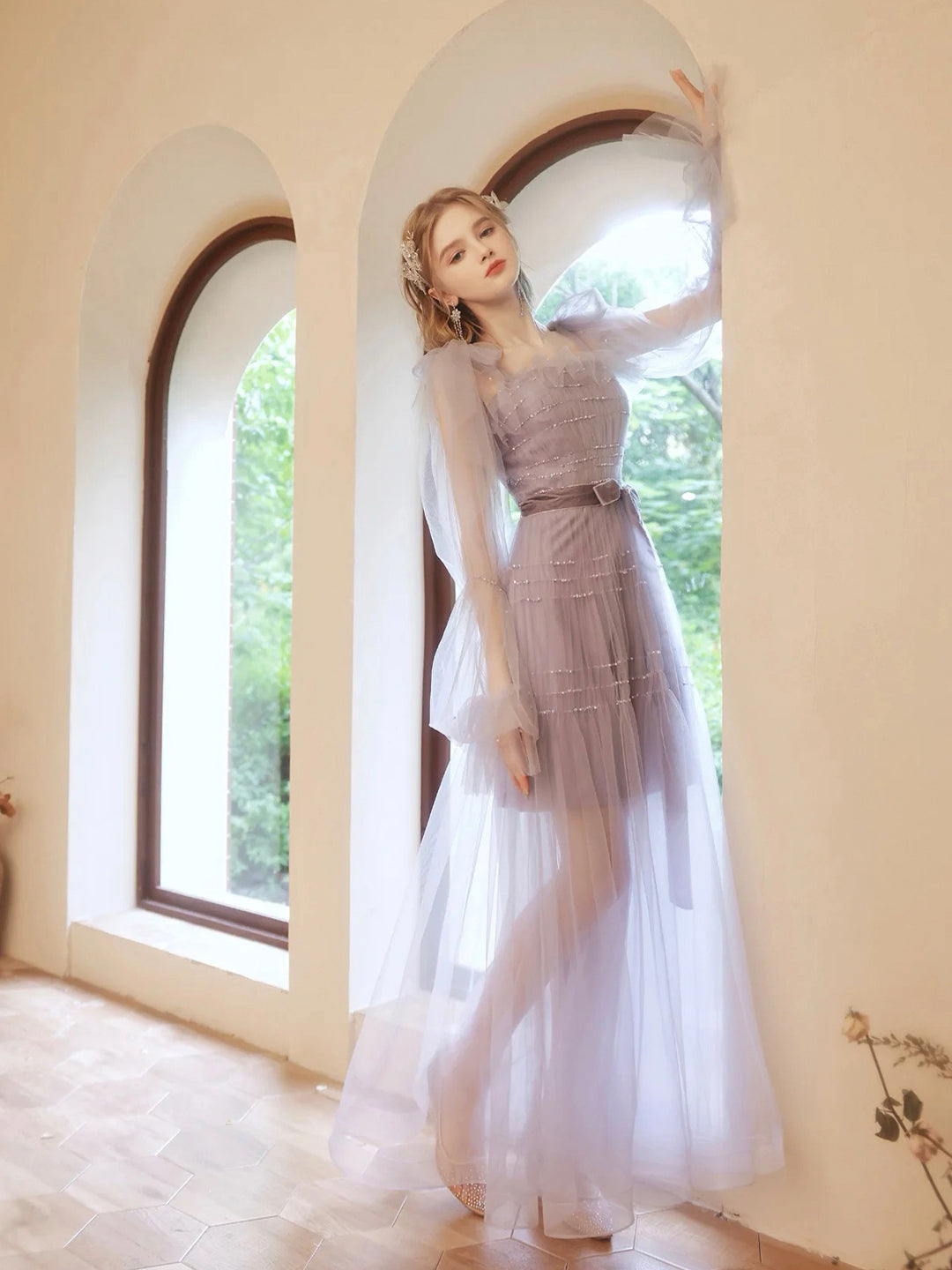 Purple Tulle Beaded Long Prom Dress, Beautiful Long Sleeve Evening Dress