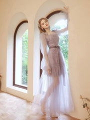 Purple Tulle Beaded Long Prom Dress, Beautiful Long Sleeve Evening Dress