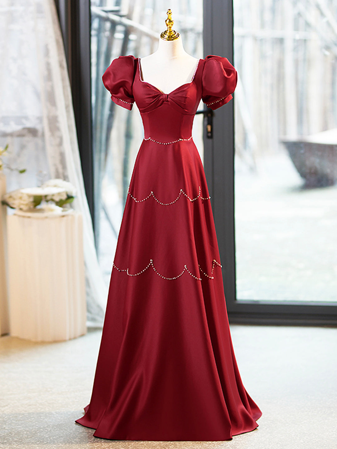 Elegant Burgundy Satin Long Prom Dress with Beaded, Burgundy Short Sleeve Evening Dress