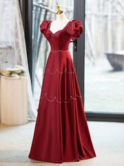 Elegant Burgundy Satin Long Prom Dress with Beaded, Burgundy Short Sleeve Evening Dress