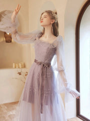Purple Tulle Beaded Long Prom Dress, Beautiful Long Sleeve Evening Dress