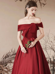 Burgundy Satin Long Prom Dress, Off the Shoulder Evening Party Dress