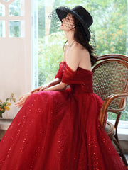 Dark Red Sweetheart Tulle Long Prom Dress, Beautiful A-Line Corset Evening Party Dress