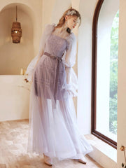 Purple Tulle Beaded Long Prom Dress, Beautiful Long Sleeve Evening Dress