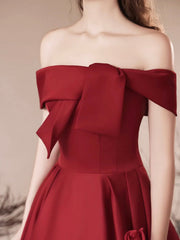 Burgundy Satin Long Prom Dress, Off the Shoulder Evening Party Dress