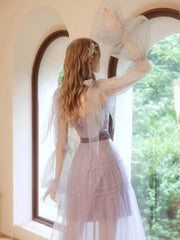 Purple Tulle Beaded Long Prom Dress, Beautiful Long Sleeve Evening Dress