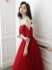 Dark Red Sweetheart Tulle Long Prom Dress, Beautiful A-Line Corset Evening Party Dress